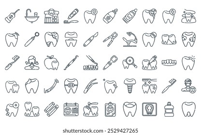 50 linear dental care icon pack. vector thin line tongue cleaner, sink, dental clinic, toothpaste, protection, freshener, toothpaste icons suitable for apps and websites ui designs.