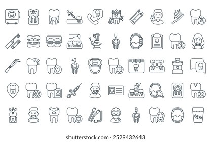 50 paquete de iconos de dentista lineal. Vector de línea delgada infección, caries, pegado, anestésico, llamada, hadas dentales, iconos de higiene dental adecuados para App y Sitios web.