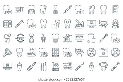 50 linear dentist icon pack. vector thin line clinic, medication, tooth, shiny, dental implant, resin, checked icons suitable for apps and websites ui designs.