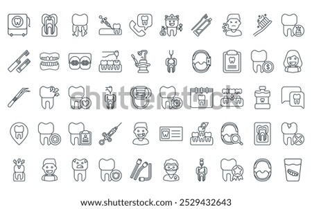 50 linear dentist icon pack. vector thin line infection, caries, glued, anesthetic, call, tooth fairy, dental hygiene icons suitable for apps and websites ui designs.