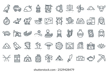 50 lineal en el paquete de iconos del desierto. Vector de la línea delgada del tanque de agua, , piedras, linterna, pozo de agua, caliente, iconos de guía adecuados para App y Sitios web.