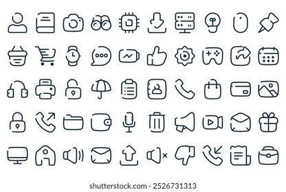 50 linear design material icon pack. vector thin line contact book, book, camera, binocular, cpu, download, database icons suitable for apps and websites ui designs.