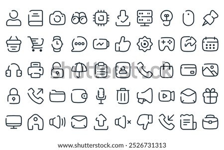 50 linear design material icon pack. vector thin line contact book, book, camera, binocular, cpu, download, database icons suitable for apps and websites ui designs.