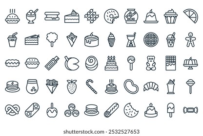 50 linear desserts icon pack. vector thin line birthday cake, sorbet, ice cream, piece of cake, marshmallow, donut, candy jar icons suitable for apps and websites ui designs.