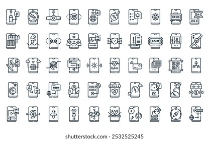 50 linear devices applications icon pack. vector thin line heart rate, step detector, smartwatch, magnetometer, ai, humidity, reminder icons suitable for apps and websites ui designs.