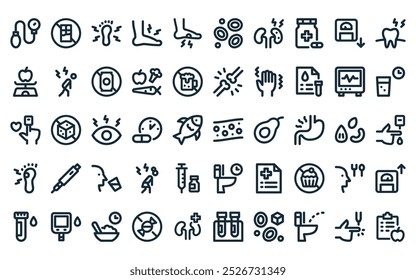 50 lineares Diabetes-Icon-Paket. Vektor dünne Linie Blutgefäß, keine Süßigkeiten, Fuß, Fuß, Fuß, Blutzellen, Nieren-Icons geeignet für Apps und Websites ui Designs.