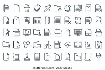 50 linear documentation icon pack. vector thin line briefcase, file, garbage bin, paper stack, push pin, add folder, refresh icons suitable for apps and websites ui designs.