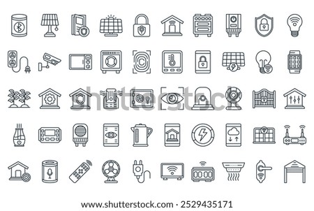 50 linear domotics icon pack. vector thin line vision, desk lamp, door, solar panel, padlock, smart home, oven icons suitable for apps and websites ui designs.