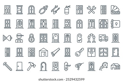 Paquete de iconos de reparación de instalación de 50 puertas lineales. puerta de línea delgada de Vector, puerta, puerta doble, alicate, herramientas, botella de spray, íconos de entradas adecuados para App y Sitios web.