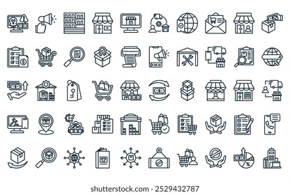 50 linear dropshipping icon pack. vector thin line cashflow, promote, in store display, retail, online shop, supply chain management, mobile access icons suitable for apps and websites ui designs.