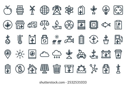 50 linear ecology and environment icon pack. vector thin line faucet, gas cylinder, wind energy, globe, electric tower, atom, eco tag icons suitable for apps and websites ui designs.