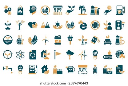 50 linear ecology icon pack. vector thin line solar plug, eco bag, awareness, sustainability, dam, plant on a hand, coconut tree icons suitable for apps and websites ui designs.