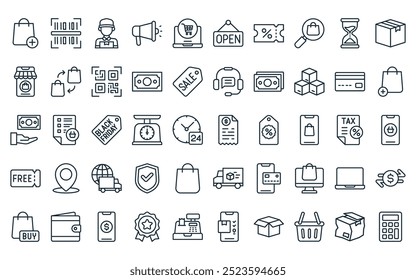 50 linear ecommerce icon pack. vector thin line receipt, barcode, delivery courier, promotion, ecommerce, open, coupon icons suitable for apps and websites ui designs.