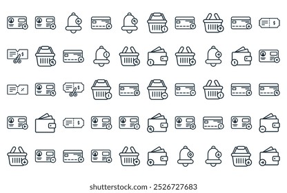 50 linear ecommerce icon pack. vector thin line shopping cart, id card, notification bell, credit card, notification bell, shopping cart, credit card icons suitable for apps and websites ui designs.