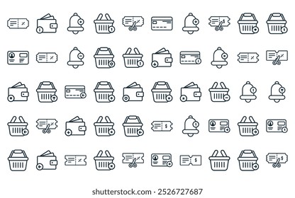 50 paquete de iconos de comercio electrónico lineal. Vector de línea delgada Carrito de compras, billetera, campana de notificación, Carrito de compras, boleto de descuento, tarjeta de crédito, iconos de campana de notificación adecuados para App y Sitios web