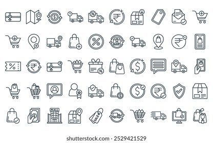 50 lineales ecommerce icon pack. Vector línea fina bolso de compras, Dirección, dólar, camión de entrega, camión de entrega, rupia, iconos de paquete adecuados para App y Sitios web diseños de UI.