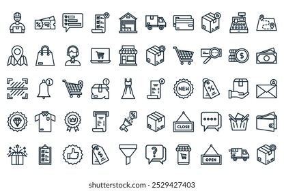 Paquete de iconos de comercio electrónico lineal de 50. Vector de facturas de electricidad de línea delgada, cupón, calificación, lista de deseos, almacén, camioneta, íconos de tarjetas de crédito adecuados para App y Sitios web.