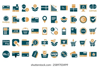 50 linear ecommerce icon pack. vector thin line exchange rate, cashbox, seller, merchandise, gift card, decrease, coupon icons suitable for apps and websites ui designs.