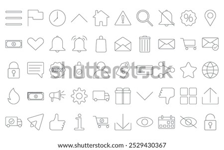 50 linear ecommerce icon pack. vector thin line discount tag, flag, clock, chevron top, home, warning, search icons suitable for apps and websites ui designs.