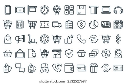 50 lineal ecommerce ui icon pack. Vector delgado línea de calificación, dinero, , tiempo de entrega, garantía, calculadora, caja de entrega iconos adecuados para App y Sitios web ui diseños.
