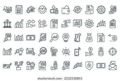 Icono económico lineal de 50. idea de línea delgada de Vector, calculadora, almacén de datos, productividad, ganancias, billetera, iconos de intercambio adecuados para App y Sitios web.