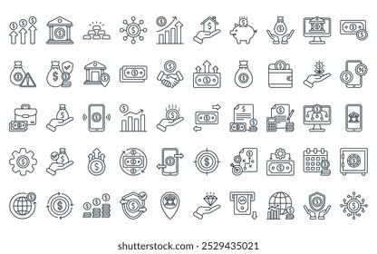 Paquete de iconos de economía lineal de 50 Vectores de transacciones de línea delgada, bancos, barras de oro, redes, crecimiento económico, bienes raíces, íconos de huchas adecuados para App y Sitios web.