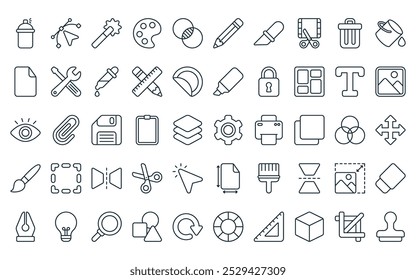 50 lineare Bearbeitungs- und Design-Tools-Icon Pack. Vektor dünne Linie Zahnrad, Bézier-Kurve, Zauberstab, Farbpalette, Deckkraft, Bleistift, Papier Schneider Symbole geeignet für Anwendungen und Websites ui Designs.