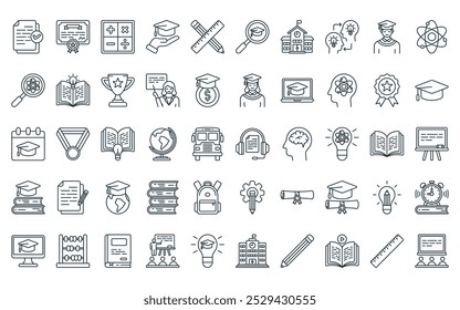 50 paquete de iconos de educación lineal. Vector de auriculares de línea delgada, certificado, matemáticas, gorra de graduación, lápiz y Regla, búsqueda, iconos de la escuela adecuados para App y Sitios web.