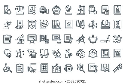 50 linear education icon pack. vector thin line book, law, music, coding, school bag, globe, flask icons suitable for apps and websites ui designs.