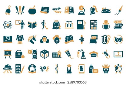 50 linear education icon pack. vector thin line treasure map, three musketeers, punch bowl, manuscript, garland, pictures, school bell icons suitable for apps and websites ui designs.