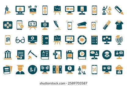 50 linear education icon pack. vector thin line qualification, lecture, knowledge, online learning, business education, game-based learning, sheet icons suitable for apps and websites ui designs.