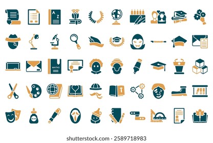 50 linear education icon pack. vector thin line robinson crusoe, exam, dictionary, owl, laurel wreath, earth globe, crayon icons suitable for apps and websites ui designs.
