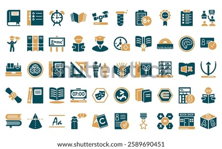 50 linear education icon pack. vector thin line open book black cover, check list, wake up, book of black cover, swing balancer, tube, test results icons suitable for apps and websites ui designs.