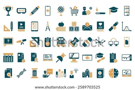 50 linear education icon pack. vector thin line sharpener, digital display 30, geometric pencil, smartphone app, school globe, shopping cart, users tings icons suitable for apps and websites ui