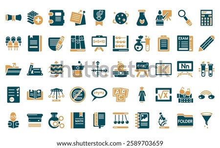 50 linear education icon pack. vector thin line lunchbox, arrange, agenda with bookmarks, sticky note, fraternity, planet saturn, experiment flask with leaves icons suitable for apps and websites ui