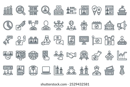 50 linear elections icon pack. vector thin line smartphone, analytics, garlands, search, ballot, ranking, newspaper icons suitable for apps and websites ui designs.