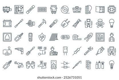 50 linear electrician tools icon pack. vector thin line on off, pcb board, fuse, switch, electric meter, insulating tape, tool box icons suitable for apps and websites ui designs.