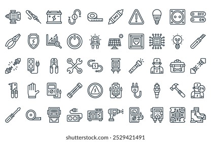 50 linear electrician tools icon pack. vector thin line capacitor, soldering iron, accumulator, wires, measure tape, resistor, danger icons suitable for apps and websites ui designs.