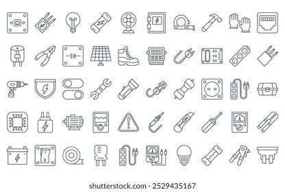 50 linear electrician tools icon pack. vector thin line plug, wiring, light bulb, fuse, fan, fuse box, measure tape icons suitable for apps and websites ui designs.