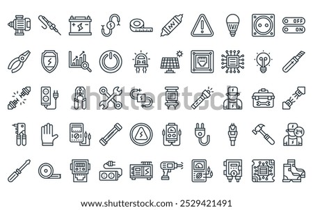 50 linear electrician tools icon pack. vector thin line capacitor, soldering iron, accumulator, wires, measure tape, resistor, danger icons suitable for apps and websites ui designs.