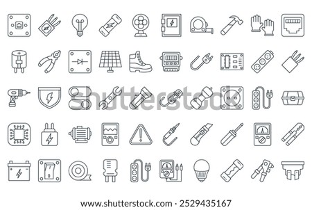 50 linear electrician tools icon pack. vector thin line plug, wiring, light bulb, fuse, fan, fuse box, measure tape icons suitable for apps and websites ui designs.