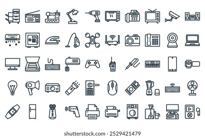 50 dispositivos eletrônicos lineares ícone pack. vetor linha fina walkie talkie, rádio, rede de costura, lâmpada de mesa, broca, forno, fax hine ícones adequados para aplicativos e sites projetos de iu.