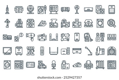 50 linear electronic devices icon pack. vector thin line sewing hine, printer, webcam, washing hine, billboard, projector, fan icons suitable for apps and websites ui designs.