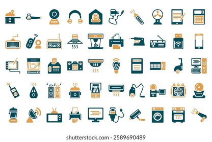 50 linear electronic devices icon pack. vector thin line smart light, leaf blower, webcam, earphones, burglar alarm, charger, vaporizer icons suitable for apps and websites ui designs.