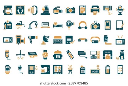 50 linear electronic devices icon pack. vector thin line electronic, weighing, smartband, ice cream maker, video camera, photo camera,   icons suitable for apps and websites ui designs.