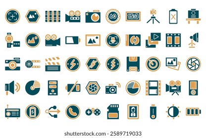 50 linear electronic stuff fill icon pack. vector thin line blitz flash, landscape, screen grid, old video camera, digital camera, minute countdown, camera big screen size icons suitable for apps