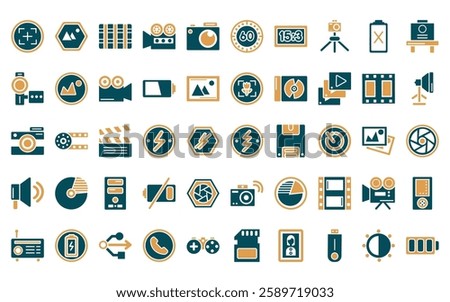 50 linear electronic stuff fill icon pack. vector thin line blitz flash, landscape, screen grid, old video camera, digital camera, minute countdown, camera big screen size icons suitable for apps