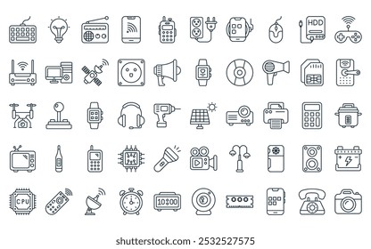 50 linear electronics device icon pack. vector thin line solar system, light bulb, radio, wifi, walkie talkie, plug, wireless charger icons suitable for apps and websites ui designs.