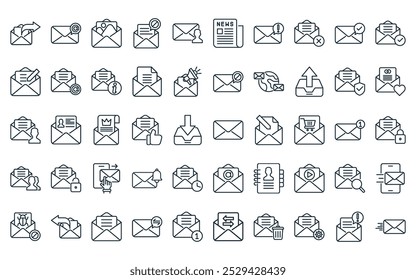 50 linear email icon pack. vector thin line email, email, image, spam mail, account, news, warning icons suitable for apps and websites ui designs.