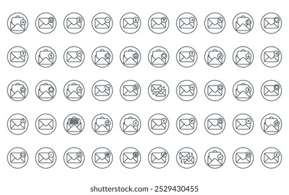 50 linear email and messages icon pack. vector thin line exchange mails, delete message, email, email, receive mail, upload, forward message icons suitable for apps and websites ui designs.